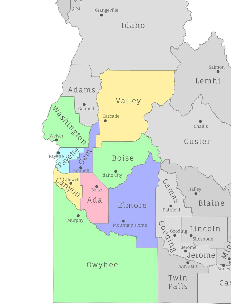 Map of the Idaho counties Treasure Valley Water Solutions covers: Ada, Canyon, Gem, Owyhee, Elmore, Boise, Payette, Washington and Valley